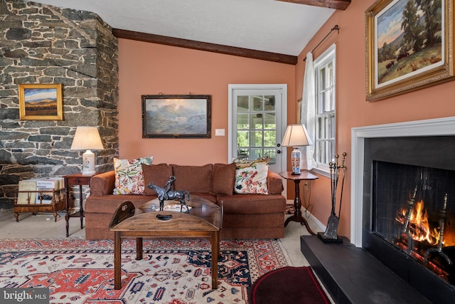 509 Ben Venue Rd, Flint Hill, VA 22627 - carpeted living area with a fireplace, lofted ceiling, and baseboards