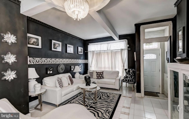 3824 Fairview Ave, Baltimore, MD 21216 - tiled living area featuring a chandelier and beamed ceiling