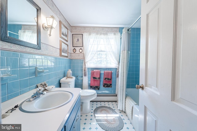 71 Harlingen Rd, Belle Mead, NJ 08502 - full bathroom featuring toilet, tile walls, vanity, shower / bath combo, and a baseboard radiator