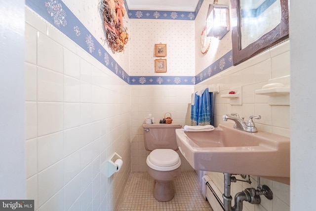 71 Harlingen Rd, Belle Mead, NJ 08502 - half bathroom featuring toilet, tile walls, wainscoting, and wallpapered walls