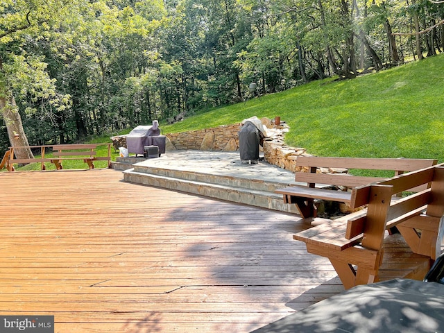 5306 Stone Rd, Frederick, MD 21703 - wooden deck featuring a yard, a wooded view, and grilling area