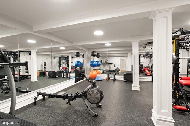 1039 Aziza Ct, Great Falls, VA 22066 - gym featuring ornate columns and recessed lighting
