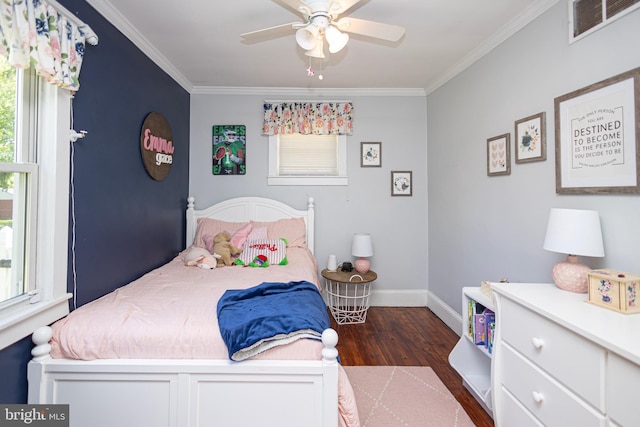 417 Princeton Ave, Cherry Hill, NJ 08002 - bedroom featuring dark wood-type flooring, ornamental molding, multiple windows, baseboards, and a ceiling fan