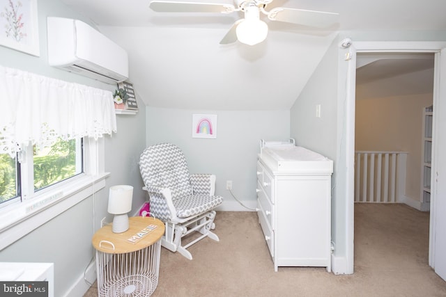 417 Princeton Ave, Cherry Hill, NJ 08002 - bedroom with a wall mounted air conditioner, lofted ceiling, light carpet, and ceiling fan