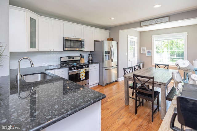 417 Princeton Ave, Cherry Hill, NJ 08002 - kitchen with appliances with stainless steel finishes, a sink, white cabinetry, light wood-style floors, and backsplash