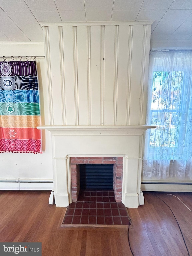 room details with a fireplace, a baseboard heating unit, and wood finished floors