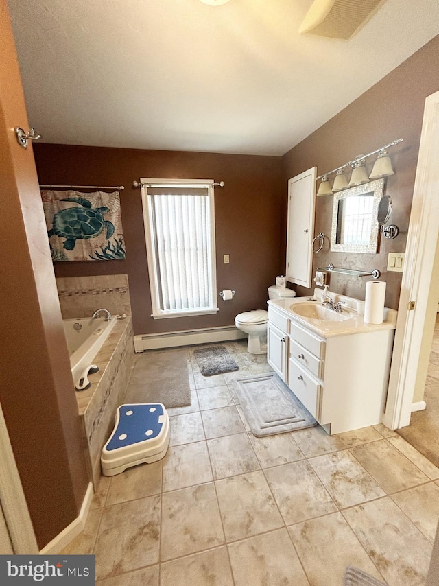 bathroom with toilet, a relaxing tiled tub, visible vents, tile patterned floors, and vanity