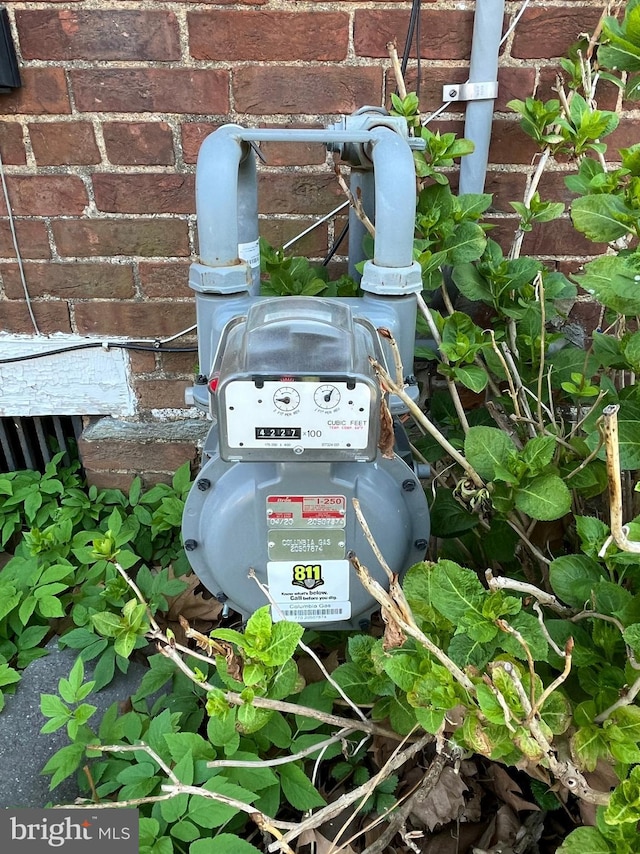details featuring brick siding and gas meter