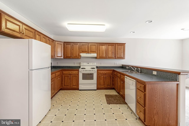 626 Milford Neck Rd, Milford, DE 19963 - kitchen featuring white appliances, under cabinet range hood, a sink, dark countertops, and brown cabinets
