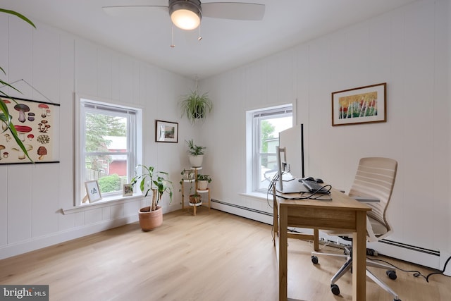 home office featuring light wood finished floors, a wealth of natural light, and baseboard heating