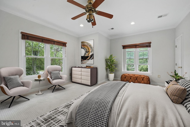 bedroom with multiple windows, carpet floors, baseboards, recessed lighting, and crown molding
