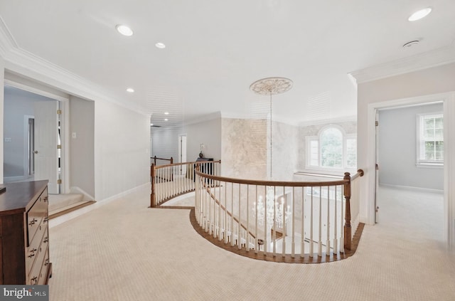hallway with an upstairs landing, light carpet, ornamental molding, recessed lighting, and baseboards