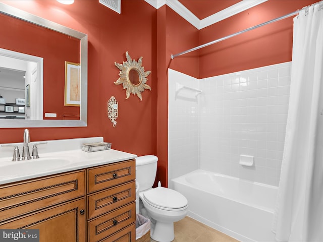 full bathroom with toilet, ornamental molding, vanity, shower / bathtub combination with curtain, and tile patterned flooring