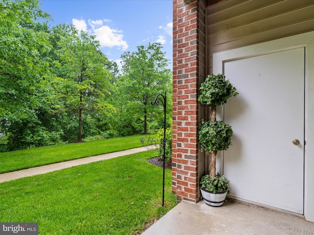 view of exterior entry featuring a lawn and stucco siding