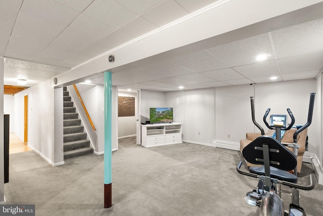 11080 Burwell Rd, Nokesville, VA 20181 - exercise area featuring baseboard heating, a paneled ceiling, carpet, recessed lighting, and baseboards
