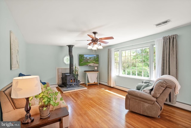 11080 Burwell Rd, Nokesville, VA 20181 - living room with a wood stove, light wood-style flooring, ceiling fan, and a baseboard radiator