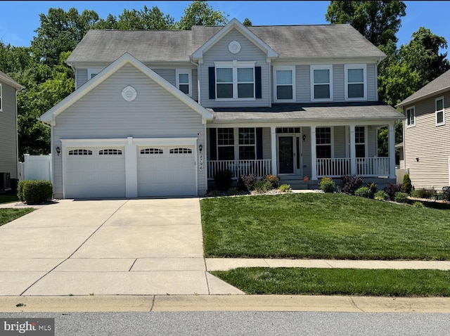 view of front of house with a porch, driveway, a garage, a front lawn, and central air condition unit