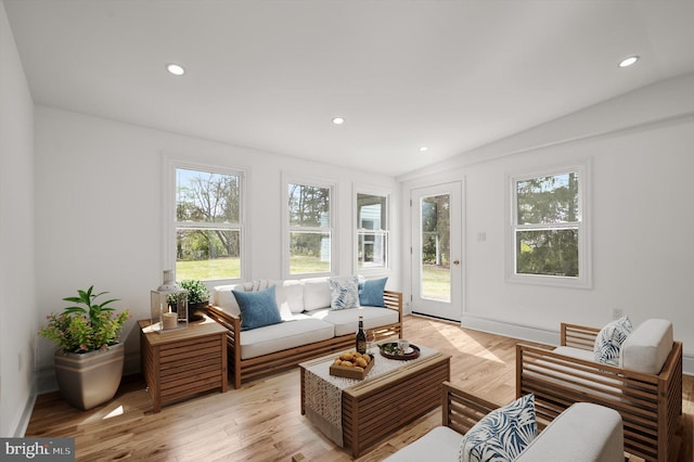 9828 Watts Branch Dr, Rockville, MD 20850 - living room with light wood-type flooring, lofted ceiling, recessed lighting, and baseboards