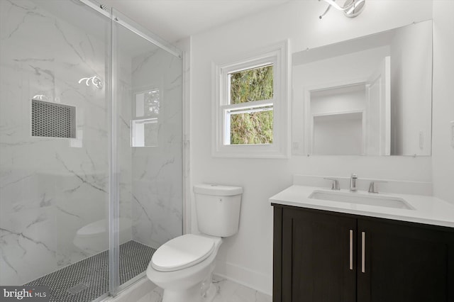 9828 Watts Branch Dr, Rockville, MD 20850 - bathroom with toilet, marble look tiles, a marble finish shower, and vanity