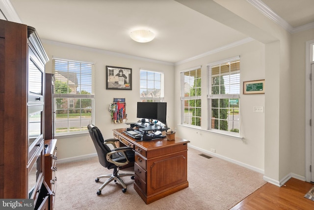 13859 Barrymore Ct, Gainesville, VA 20155 - office with crown molding, baseboards, plenty of natural light, and light wood-style flooring