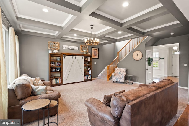 13859 Barrymore Ct, Gainesville, VA 20155 - carpeted living area featuring stairway, beam ceiling, baseboards, coffered ceiling, and a chandelier