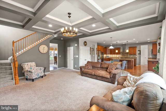 13859 Barrymore Ct, Gainesville, VA 20155 - living room featuring stairway, a chandelier, carpet floors, baseboards, and beamed ceiling