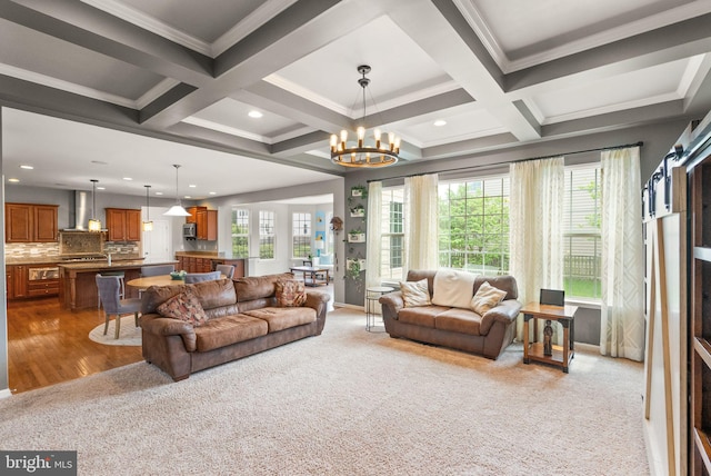 13859 Barrymore Ct, Gainesville, VA 20155 - living area featuring a chandelier, carpet floors, plenty of natural light, beam ceiling, and ornamental molding