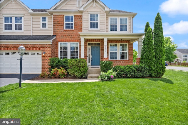 13859 Barrymore Ct, Gainesville, VA 20155 - view of front of property with brick siding, an attached garage, a front lawn, asphalt driveway, and a shingled roof