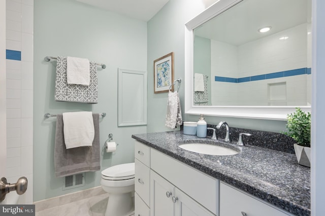 full bath featuring toilet, tile patterned flooring, vanity, and visible vents