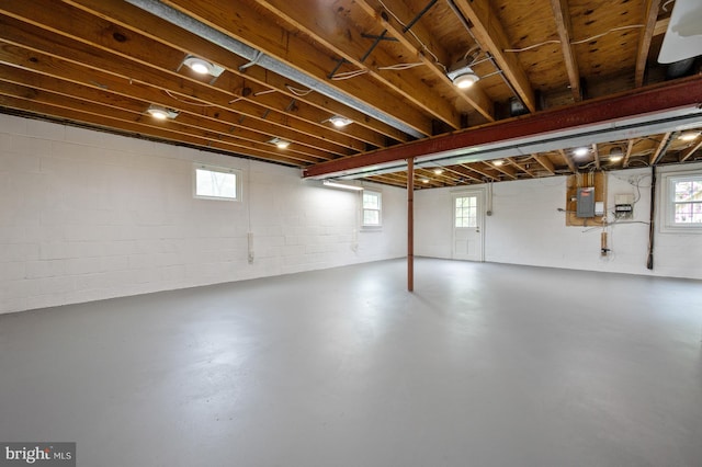 below grade area with plenty of natural light, concrete block wall, and electric panel