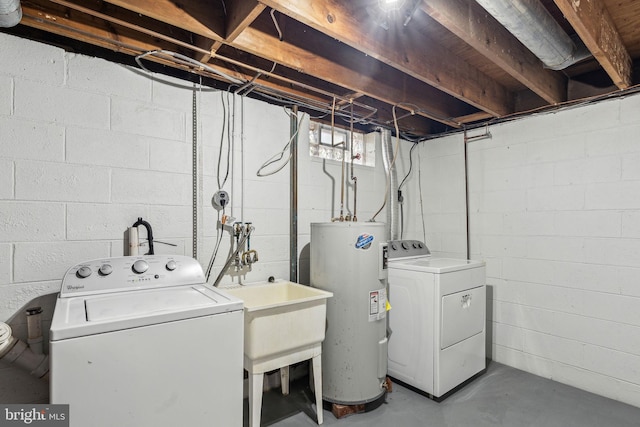 laundry area with electric water heater and washer and dryer