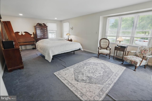bedroom with carpet floors, recessed lighting, and baseboards