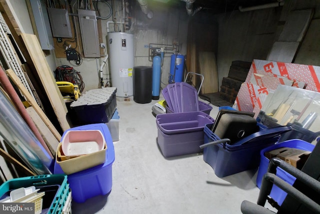 unfinished below grade area featuring water heater, electric panel, and a water softener system