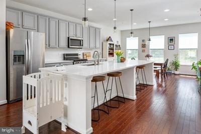 2038 Twisted Oak Pl, Hanover, MD 21076 - kitchen with gray cabinetry, a kitchen island with sink, appliances with stainless steel finishes, and a sink