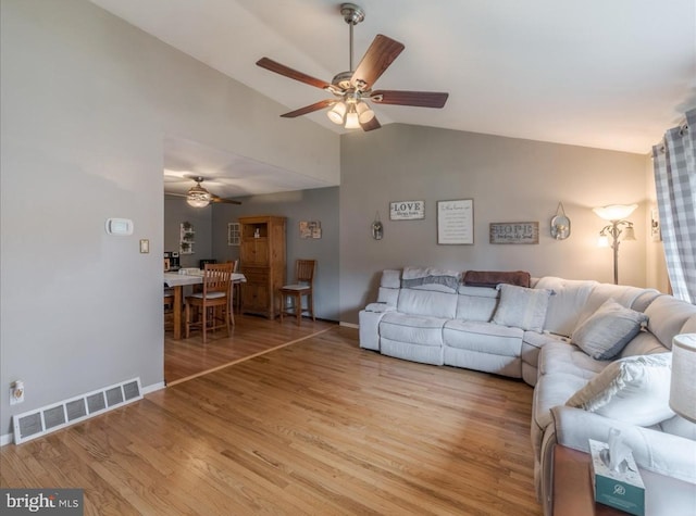 730 Cheryl Dr, Warminster, PA 18974 - living room featuring ceiling fan, lofted ceiling, wood finished floors, and baseboards