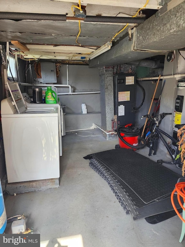unfinished basement with electric panel and washer / dryer