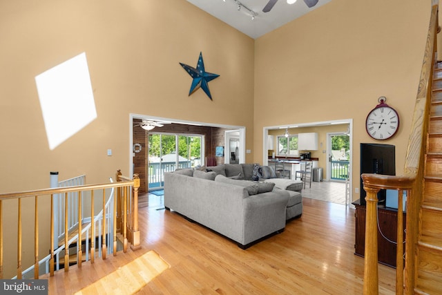 21 Heisler Ave, Charlestown, MD 21914 - living room featuring a ceiling fan, a high ceiling, light wood-style flooring, and track lighting