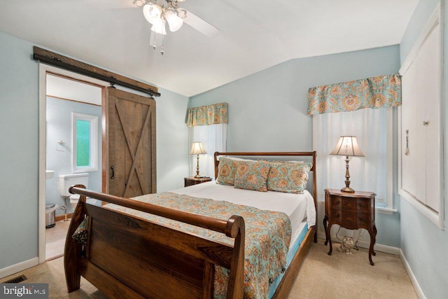 473 Cumberland Rd, Oakland, MD 21550 - bedroom with a ceiling fan, a barn door, baseboards, vaulted ceiling, and light colored carpet