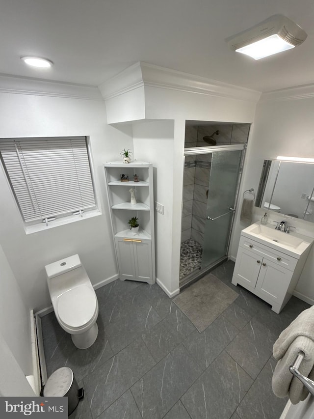 18 River Ln, Levittown, PA 19055 - full bath with crown molding, vanity, a shower stall, toilet, and baseboards