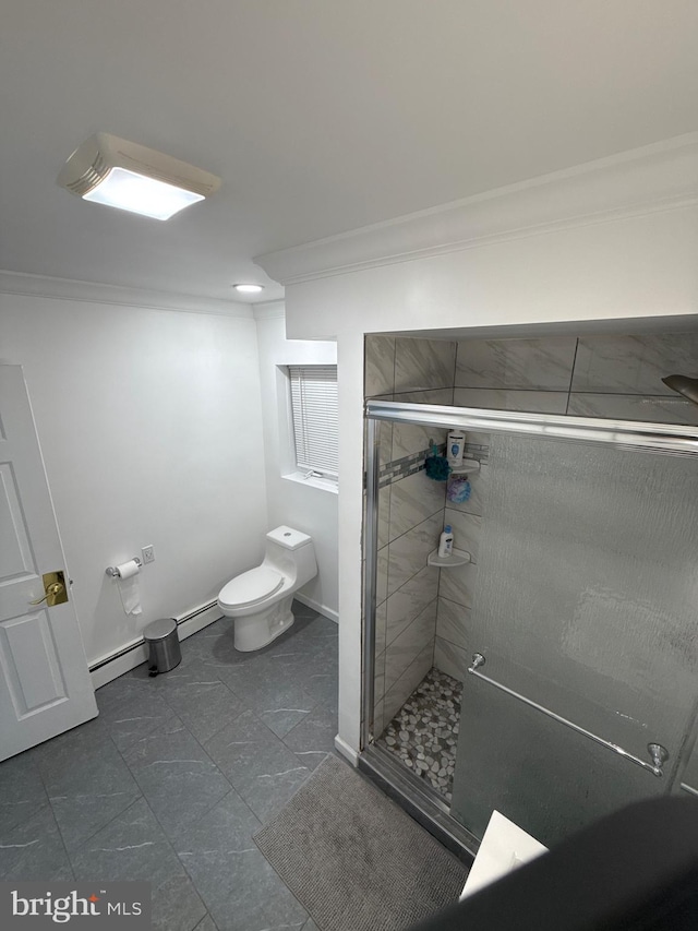 18 River Ln, Levittown, PA 19055 - full bathroom featuring crown molding, toilet, a stall shower, a baseboard radiator, and baseboards
