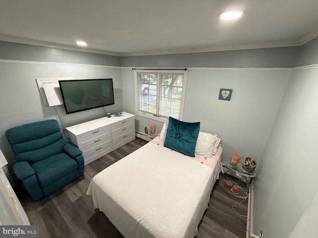 18 River Ln, Levittown, PA 19055 - bedroom featuring dark wood-style flooring, a baseboard radiator, ornamental molding, and recessed lighting