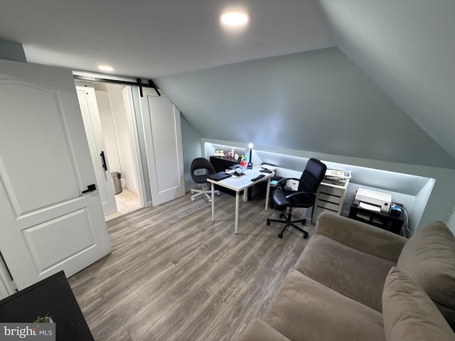 18 River Ln, Levittown, PA 19055 - office space with lofted ceiling, a barn door, wood finished floors, and recessed lighting