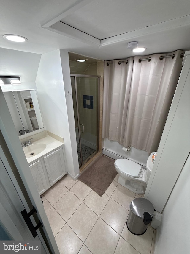 18 River Ln, Levittown, PA 19055 - full bathroom featuring a stall shower, tile patterned floors, vanity, and toilet