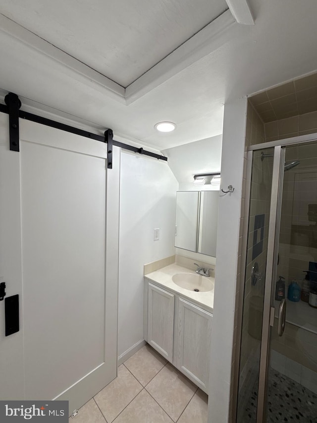 18 River Ln, Levittown, PA 19055 - full bathroom with tile patterned floors, a shower stall, vanity, and recessed lighting