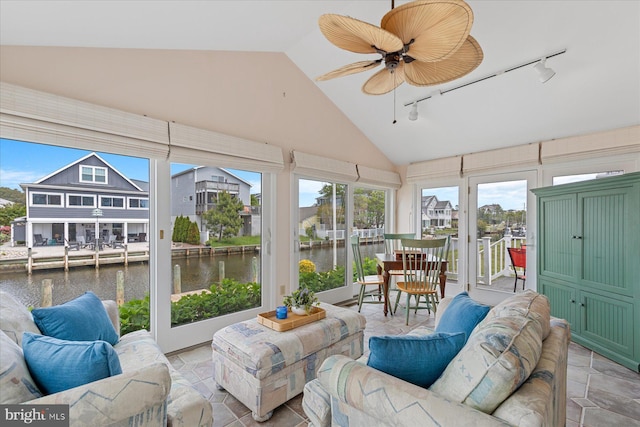 113 Henlopen Dr, South Bethany, DE 19930 - sunroom / solarium with rail lighting, a water view, healthy amount of natural light, and high vaulted ceiling