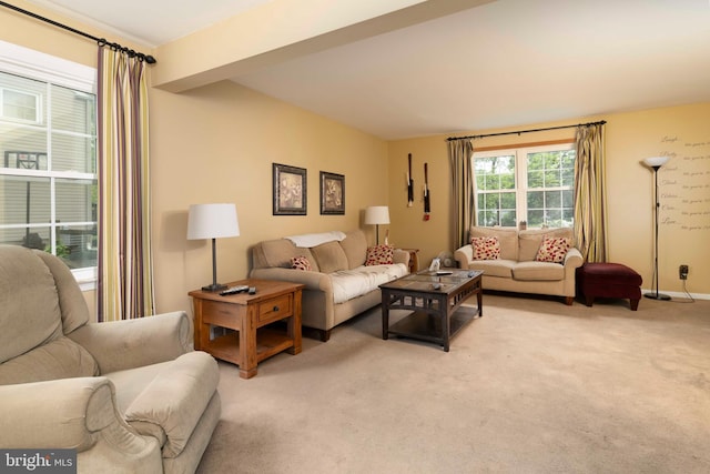 living room with light colored carpet