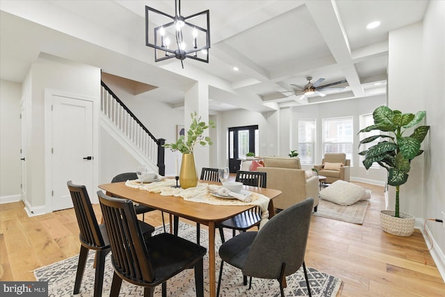 2424 W Lanvale St, Baltimore, MD 21216 - dining area featuring stairs, light wood finished floors, beamed ceiling, baseboards, and a ceiling fan