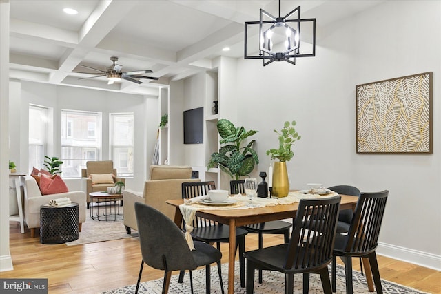 2424 W Lanvale St, Baltimore, MD 21216 - dining space featuring beamed ceiling, light wood-style floors, coffered ceiling, recessed lighting, and baseboards