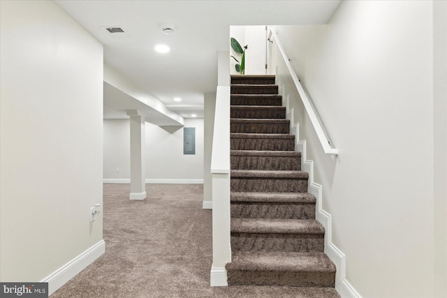 2424 W Lanvale St, Baltimore, MD 21216 - stairway featuring carpet, recessed lighting, baseboards, and electric panel