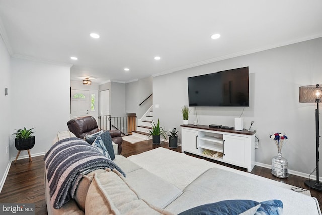 6404 Yates Ford Rd, Manassas, VA 20111 - living area featuring recessed lighting, dark wood-style floors, stairs, baseboards, and crown molding